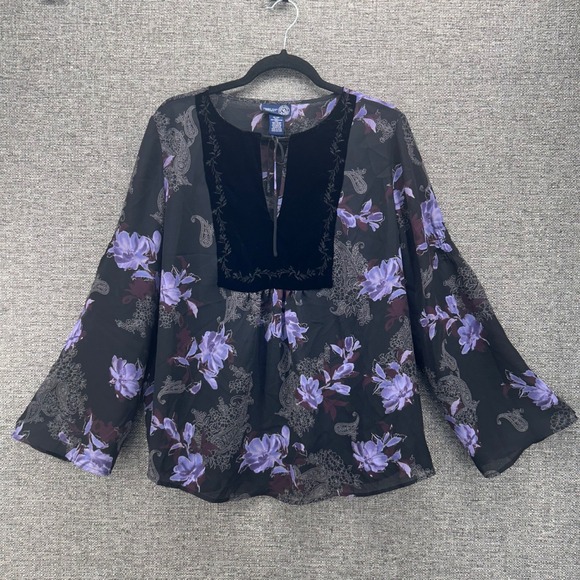 Whimsigoth Top 20 Velvet Sheer Bell Sleeve Dark Purple Florals Tunic Blouse Boho - Picture 1 of 11